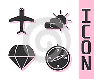 Set Compass, Plane, Parachute and Sun and cloud weather icon. Vector