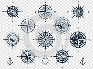 Set of compass roses or wind roses