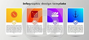 Set Compass, Route location, Sinking cruise ship and Anchor. Business infographic template. Vector