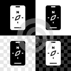 Set Compass screen apps on smartphone for navigation icon isolated on black and white, transparent background