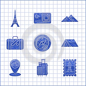 Set Compass, Suitcase for travel, Postal stamp and Eiffel tower, Tourist tent, Map pointer with Egypt pyramids, stickers