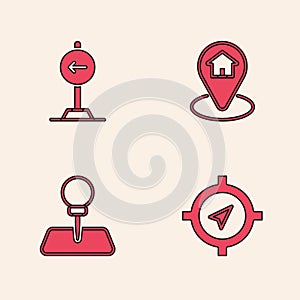 Set Compass, Traffic sign turn left, Location with house and Push pin icon. Vector