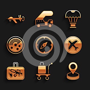 Set Compass, Trolley baggage, Location, Plane, Suitcase, Radar with targets monitor, Box flying parachute and UAV Drone