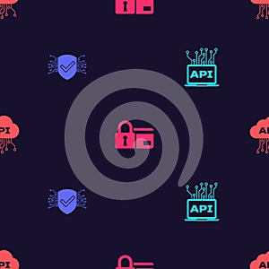 Set Computer api interface, Cyber security, Credit card with lock and Cloud on seamless pattern. Vector