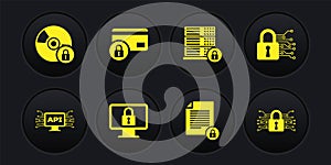 Set Computer api interface, Cyber security, Lock on monitor, Document and lock, Server with and Credit card icon. Vector