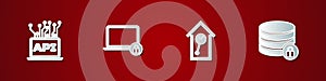 Set Computer api interface, Laptop and lock, Retro wall watch and Server security with icon. Vector