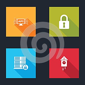 Set Computer api interface, Lock, Server security with lock and Retro wall watch icon. Vector