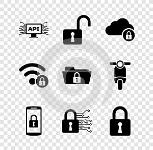 Set Computer api interface, Open padlock, Cloud computing, Smartphone with, Cyber security and Lock icon. Vector