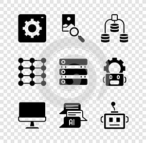 Set Computer api interface, Photo retouching, Server, Data, monitor, Chat bot, Artificial intelligence robot, Neural