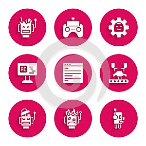 Set Computer api interface, Robot burned out, Robotic robot arm on factory, Software, and Broken icon. Vector