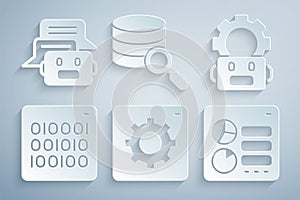 Set Computer api interface, Robot setting, Binary code, Server and Chat icon. Vector
