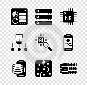 Set Computer api interface, Server, Data, Processor CPU, Cloud technology data transfer, Neural network, Binary code
