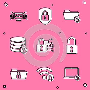 Set Computer api interface, Shield security with lock, Folder and, Server, Cyber and Open padlock icon. Vector