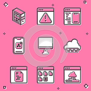 Set Computer, Browser with exclamation mark, Software, Mobile Apps, monitor screen, Web development, and files icon