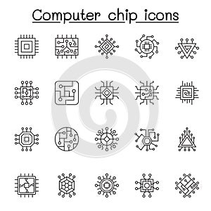 Set of Computer chip Related Vector Line Icons. Contains such Icons as circuit, mother board, electronic panel, cpu, processor and