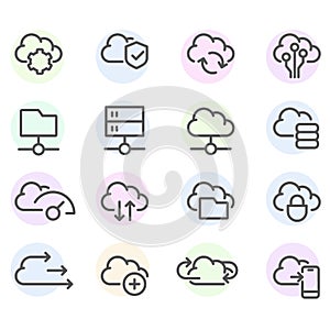 Set of computer cloud line icons -  data synchronisation, transfer, cloud computing