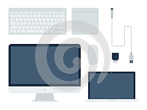 A set of computer components vector illustration in a flat design.