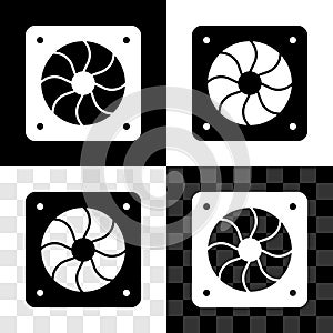 Set Computer cooler icon isolated on black and white, transparent background. PC hardware fan. Vector