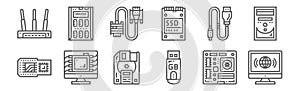 Set of 12 computer devices icons. outline thin line icons such as desktop, flash drive, computer devices, usb connection, cable,