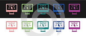 Set Computer display with vector design program icon isolated on isolated on black and white background. Photo editor