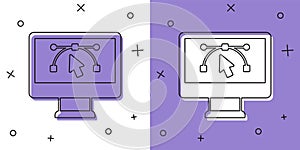 Set Computer display with vector design program icon isolated on isolated on white and purple background. Photo editor