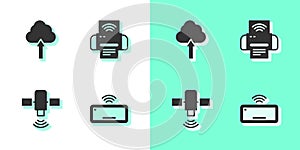 Set Computer keyboard, Cloud upload, Satellite and Smart printer system icon. Vector