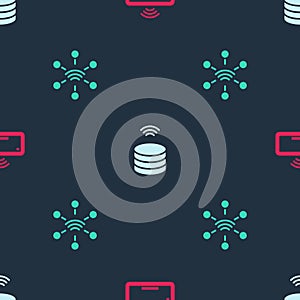 Set Computer keyboard, Smart data server and Network on seamless pattern. Vector