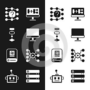 Set Computer monitor, Algorithm, Neural network, Artificial intelligence AI, Server, Data and robot icon. Vector