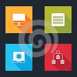 Set Computer monitor, Binary code, Processor CPU and Server, Data icon. Vector