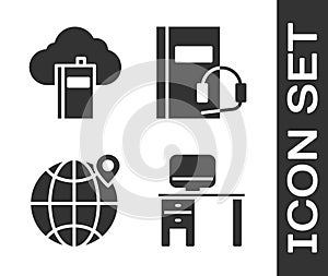 Set Computer monitor and desk, Cloud or online library, Location on the globe and Audio book icon. Vector