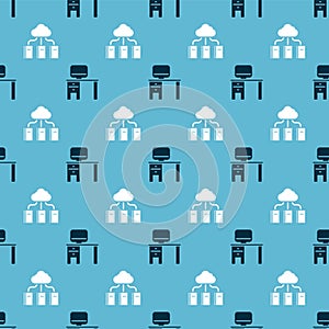 Set Computer monitor and desk and Cloud or online library on seamless pattern. Vector