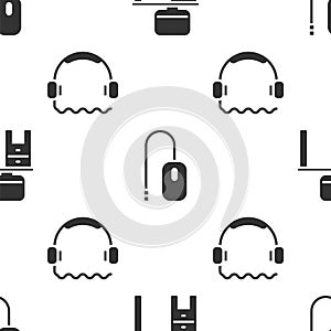 Set Computer monitor and desk, Computer mouse and Headphones on seamless pattern. Vector