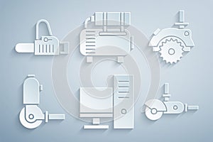 Set Computer monitor, Electric circular saw, Angle grinder, Air compressor and Chainsaw icon. Vector