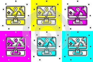 Set Computer monitor and folded map with location marker icon isolated on color background. Vector