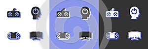 Set Computer monitor, Game controller joystick, Portable video game console and Power button icon. Vector