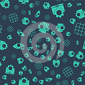 Set Computer monitor and gear, Laptop and gear, Red eye effect and Grid graph paper on seamless pattern. Vector