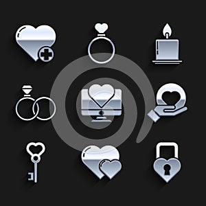 Set Computer monitor with heart, Heart, Castle in the shape of, hand, Key, Wedding rings, Burning candle and icon