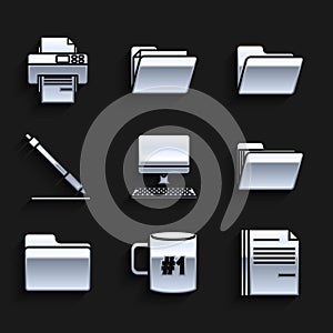 Set Computer monitor with keyboard, Coffee cup flat, File document, Document folder, Pen line, and Printer icon. Vector