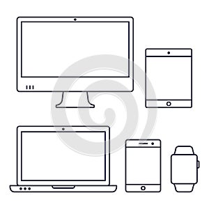 Set of computer monitor, laptop, smart watch, tablet and mobile phone line icon. Vector isolated simple gadgets