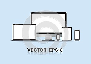 Set of computer monitor, laptop, tablet, mobile phones smart phone. illustration