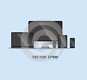 Set of computer monitor, laptop, tablet, mobile phones smart phone. vector illustration