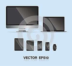 Set of computer monitor, laptop, tablet, mobile phones smart phone. vector illustration