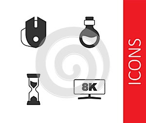 Set Computer monitor, mouse, Old hourglass and Bottle with magic elixir icon. Vector