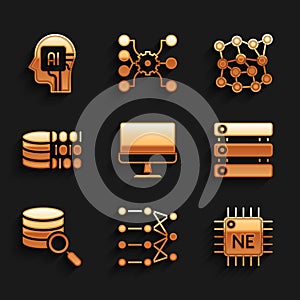 Set Computer monitor, Neural network, Processor CPU, Server, Data, Binary code, and Humanoid robot icon. Vector