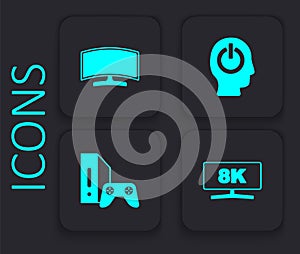 Set Computer monitor, Power button and Game console with joystick icon. Black square button. Vector