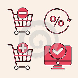 Set Computer monitor, Remove shopping cart, Discount percent tag and Add to Shopping cart icon. Vector