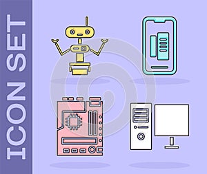 Set Computer monitor, Robot, Motherboard and Smartphone, mobile phone icon. Vector