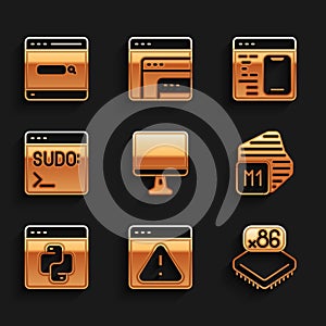 Set Computer monitor screen, Browser with exclamation mark, Processor microcircuits CPU, Python programming language