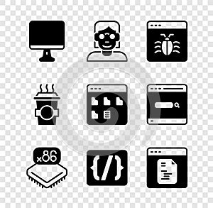 Set Computer monitor screen, Hacker coder, System bug, Processor with microcircuits CPU, Programming language syntax