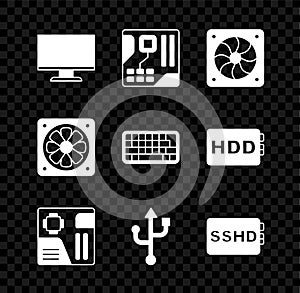Set Computer monitor screen, Motherboard digital chip, cooler, USB, SSHD card, and Keyboard icon. Vector